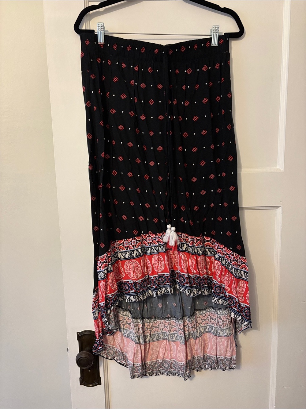 Ultra Flirt Black High-Low Maxi Skirt with Red and Cream Border